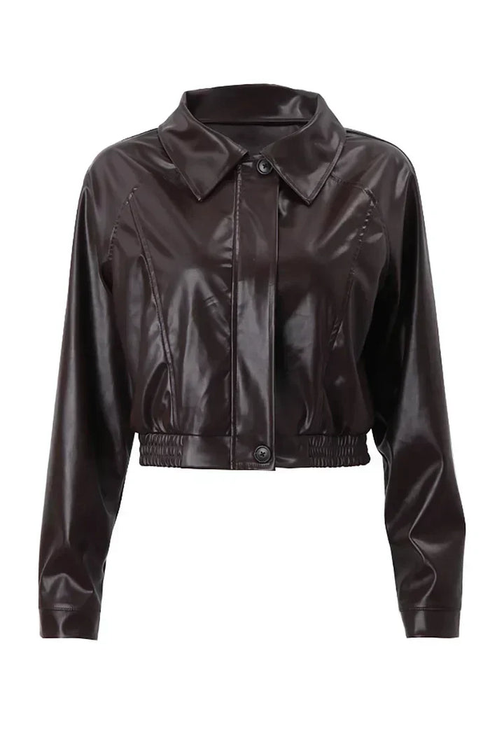 Ladies Cropped Coated Jacket with Zipper and Puff Sleeves
