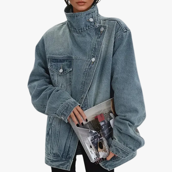 Women's Denim Jacket with Asymmetrical Buttons and Stand-Up Collar