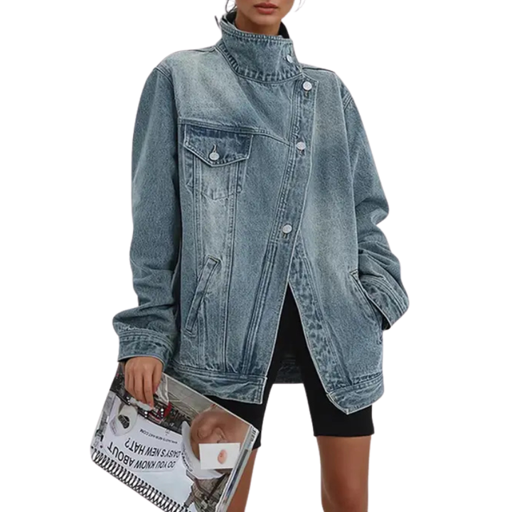 Women's Denim Jacket with Asymmetrical Buttons and Stand-Up Collar