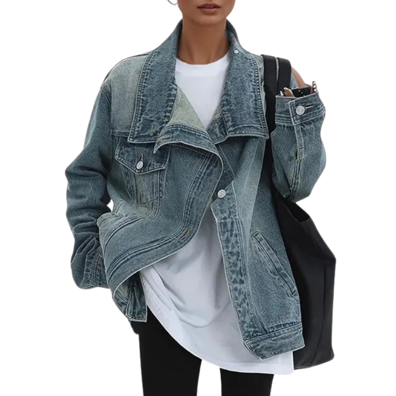 Women's Denim Jacket with Asymmetrical Buttons and Stand-Up Collar