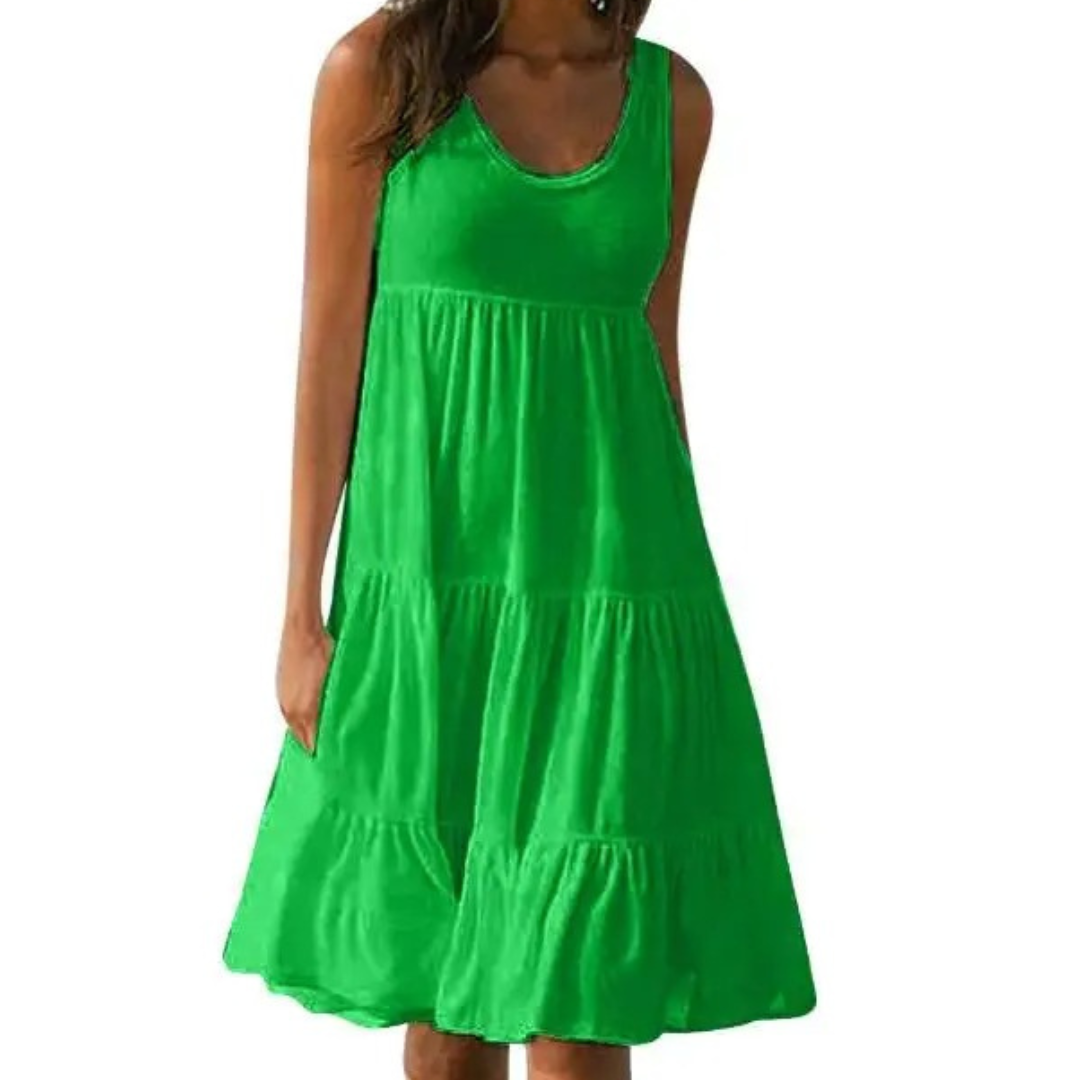 Effortless Boho Sleeveless Tiered Lightweight Linen-Blend Cascading Ruffles Midi Dress