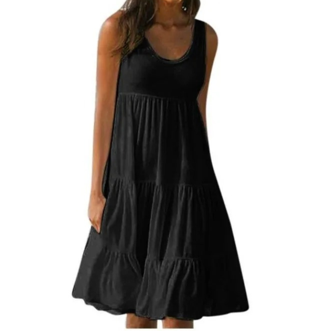 Effortless Boho Sleeveless Tiered Lightweight Linen-Blend Cascading Ruffles Midi Dress