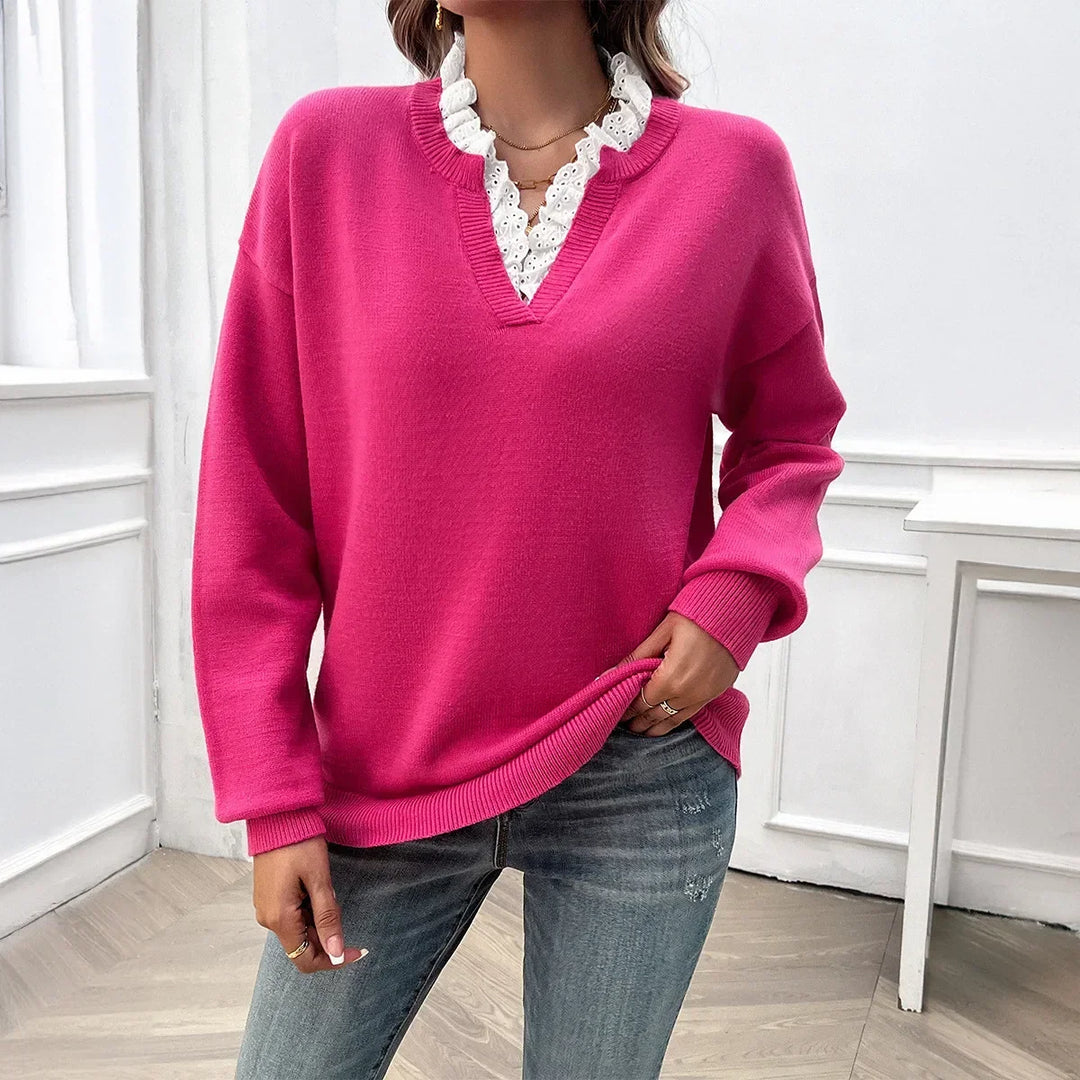 Women's Fine Knit Sweater with V-Neck and Lace Ruffle