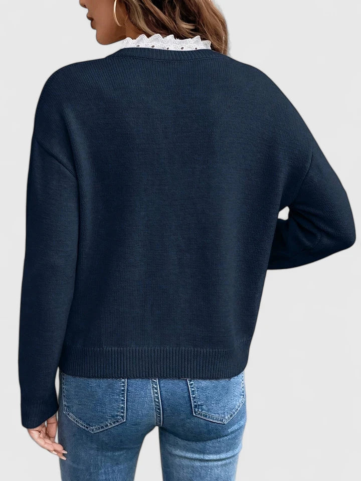 Women's Fine Knit Sweater with V-Neck and Lace Ruffle