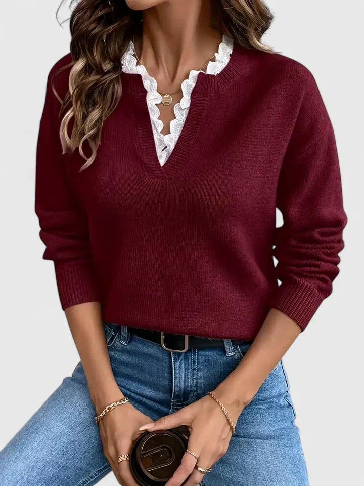 Women's Fine Knit Sweater with V-Neck and Lace Ruffle