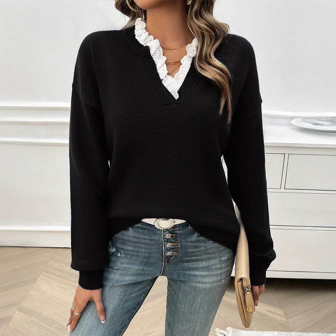 Women's Fine Knit Sweater with V-Neck and Lace Ruffle