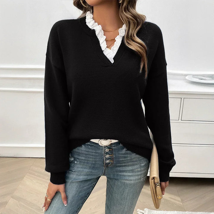 Women's Fine Knit Sweater with V-Neck and Lace Ruffle