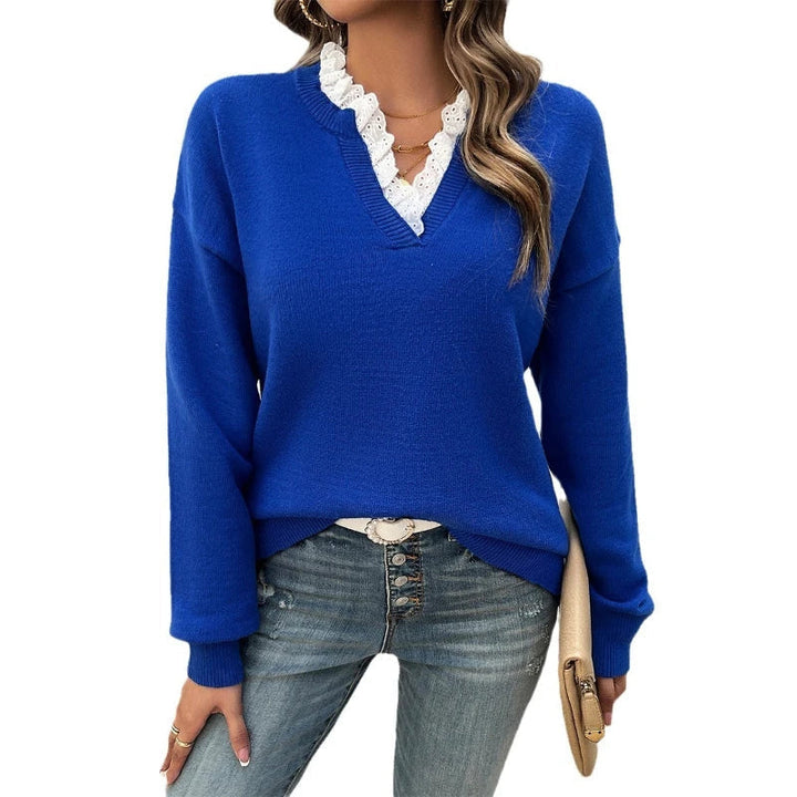 Women's Fine Knit Sweater with V-Neck and Lace Ruffle