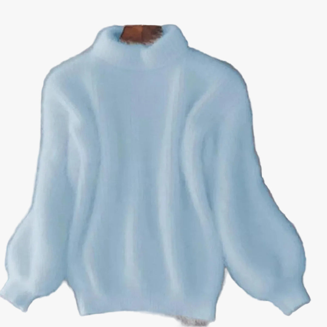 Women's Fuzzy Knitted Sweater with High Neck and Balloon Sleeves