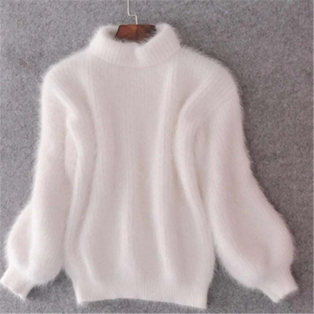 Women's Fuzzy Knitted Sweater with High Neck and Balloon Sleeves