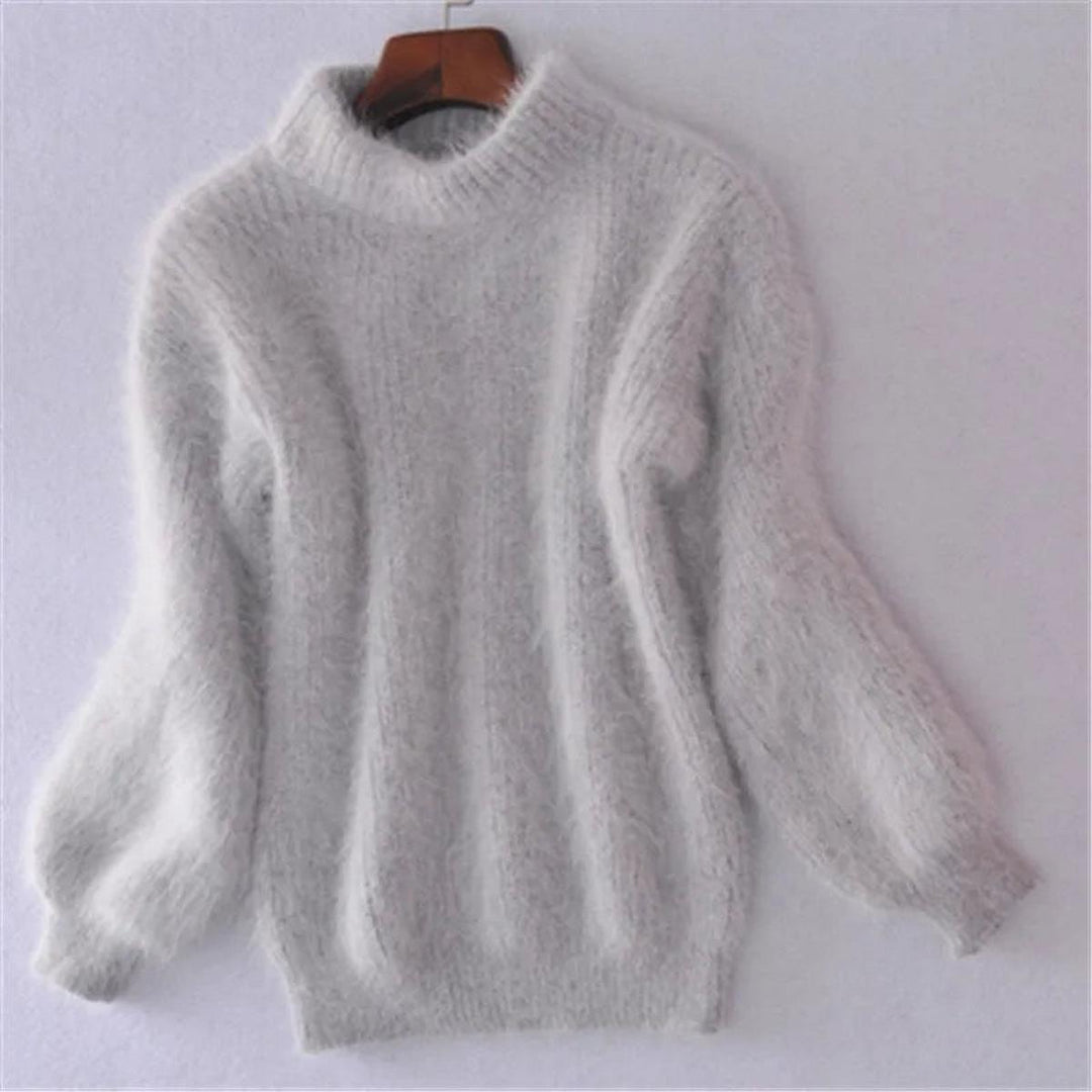 Women's Fuzzy Knitted Sweater with High Neck and Balloon Sleeves