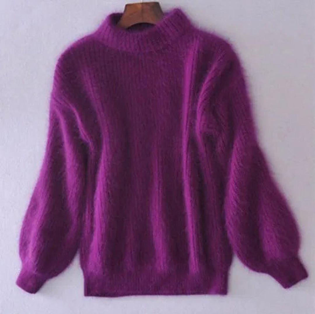 Women's Fuzzy Knitted Sweater with High Neck and Balloon Sleeves
