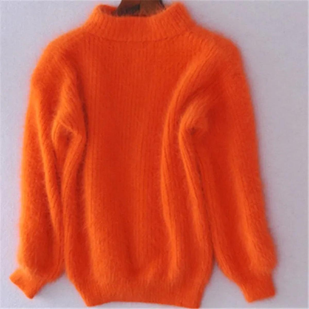 Women's Fuzzy Knitted Sweater with High Neck and Balloon Sleeves