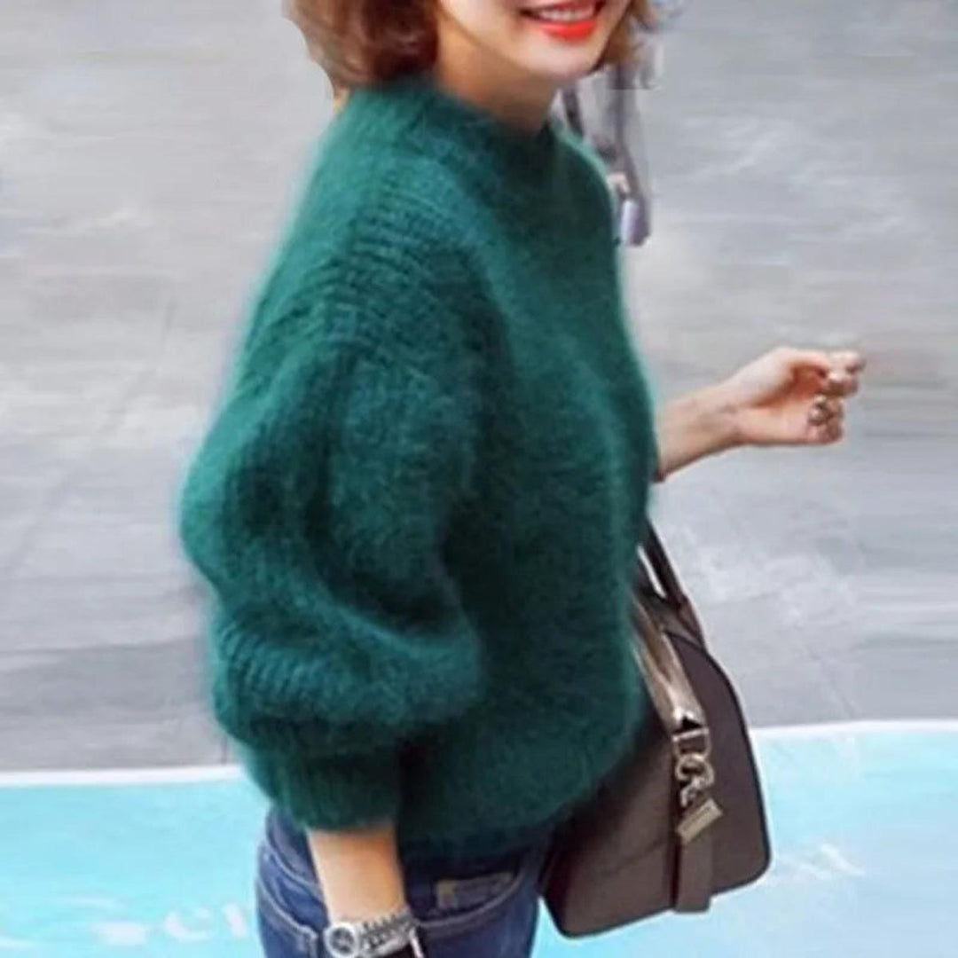 Women's Fuzzy Knitted Sweater with High Neck and Balloon Sleeves