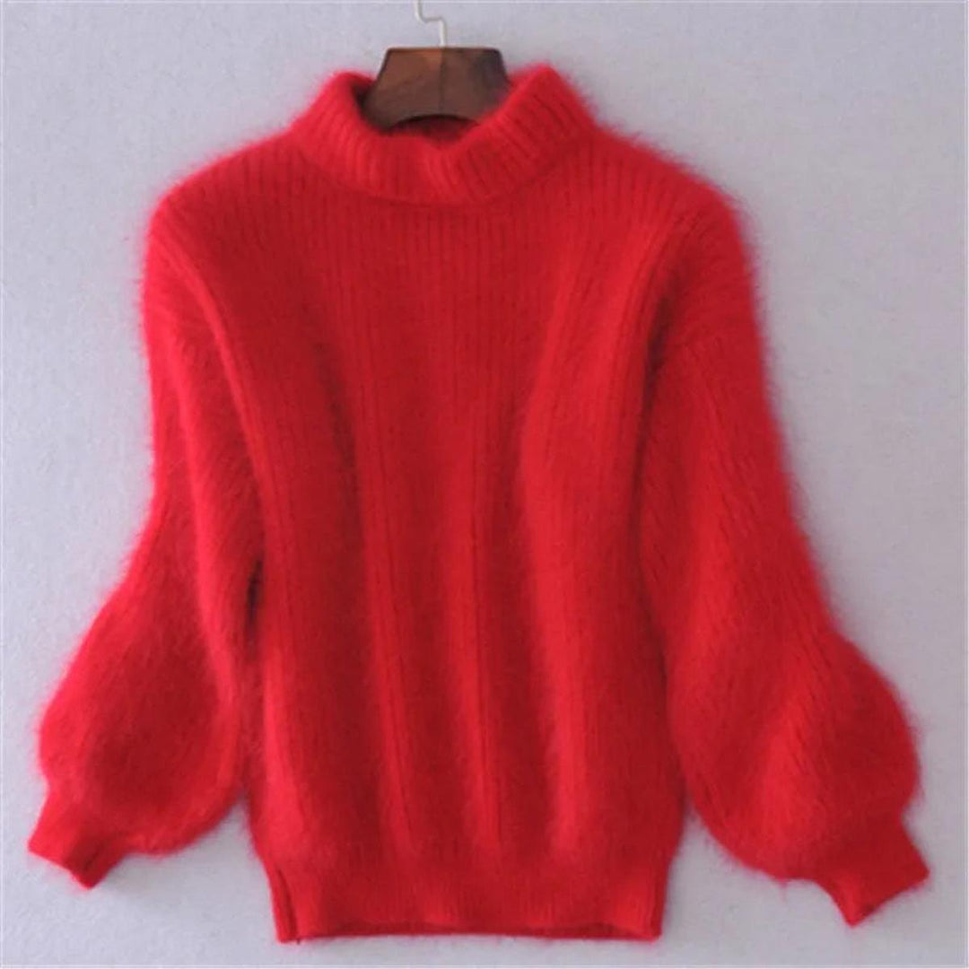 Women's Fuzzy Knitted Sweater with High Neck and Balloon Sleeves