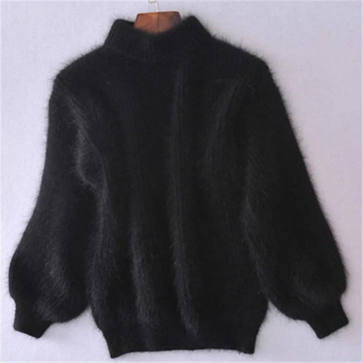 Women's Fuzzy Knitted Sweater with High Neck and Balloon Sleeves