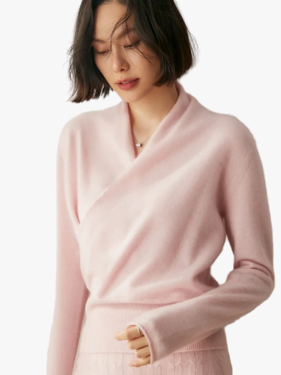 Women's Fuzzy Knit Sweater with Wrap Front and V-Neck