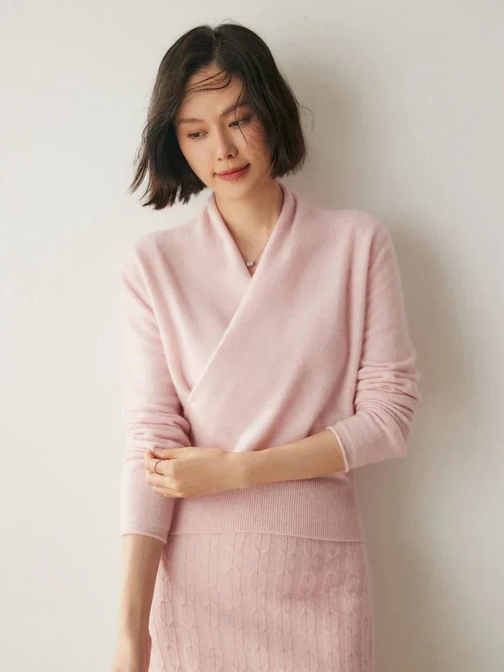 Women's Fuzzy Knit Sweater with Wrap Front and V-Neck