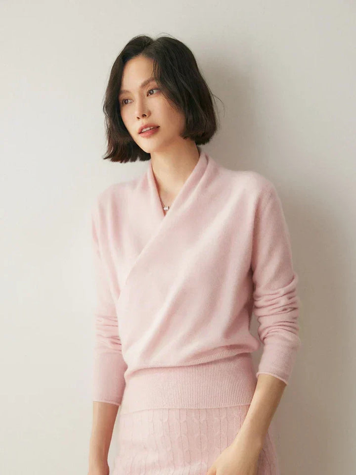 Women's Fuzzy Knit Sweater with Wrap Front and V-Neck