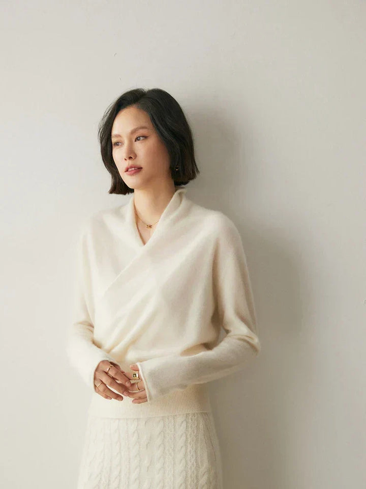 Women's Fuzzy Knit Sweater with Wrap Front and V-Neck
