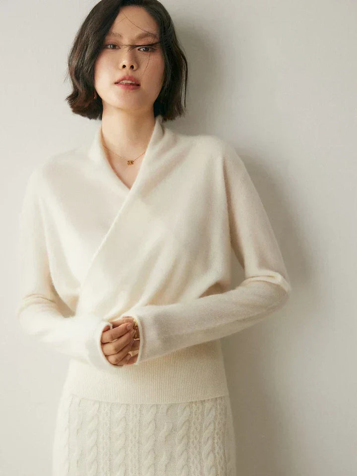Women's Fuzzy Knit Sweater with Wrap Front and V-Neck