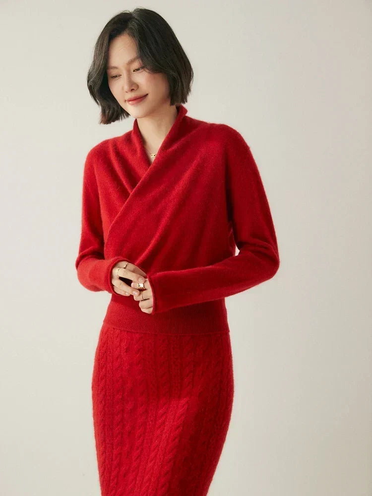 Women's Fuzzy Knit Sweater with Wrap Front and V-Neck