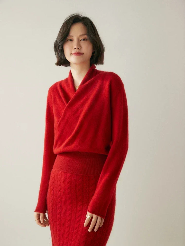 Women's Fuzzy Knit Sweater with Wrap Front and V-Neck