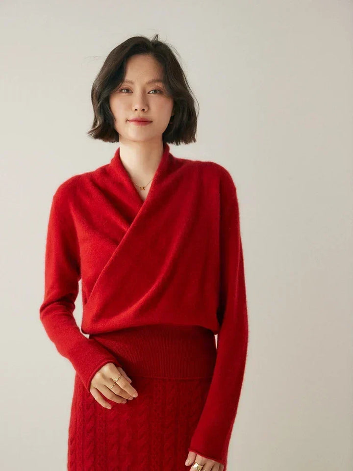 Women's Fuzzy Knit Sweater with Wrap Front and V-Neck