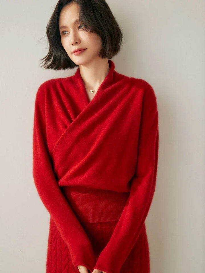 Women's Fuzzy Knit Sweater with Wrap Front and V-Neck