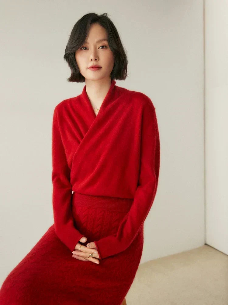 Women's Fuzzy Knit Sweater with Wrap Front and V-Neck