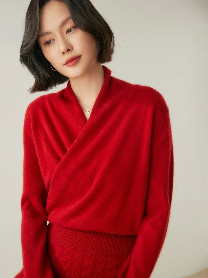 Women's Fuzzy Knit Sweater with Wrap Front and V-Neck