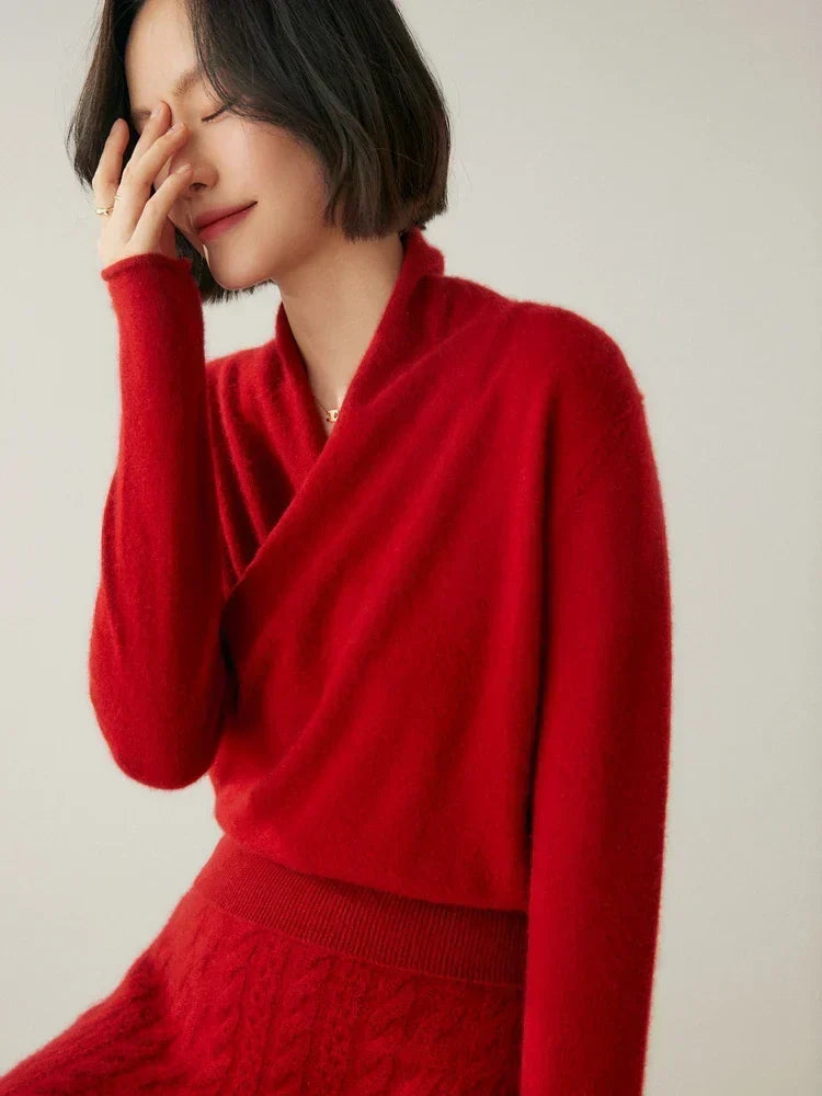 Women's Fuzzy Knit Sweater with Wrap Front and V-Neck