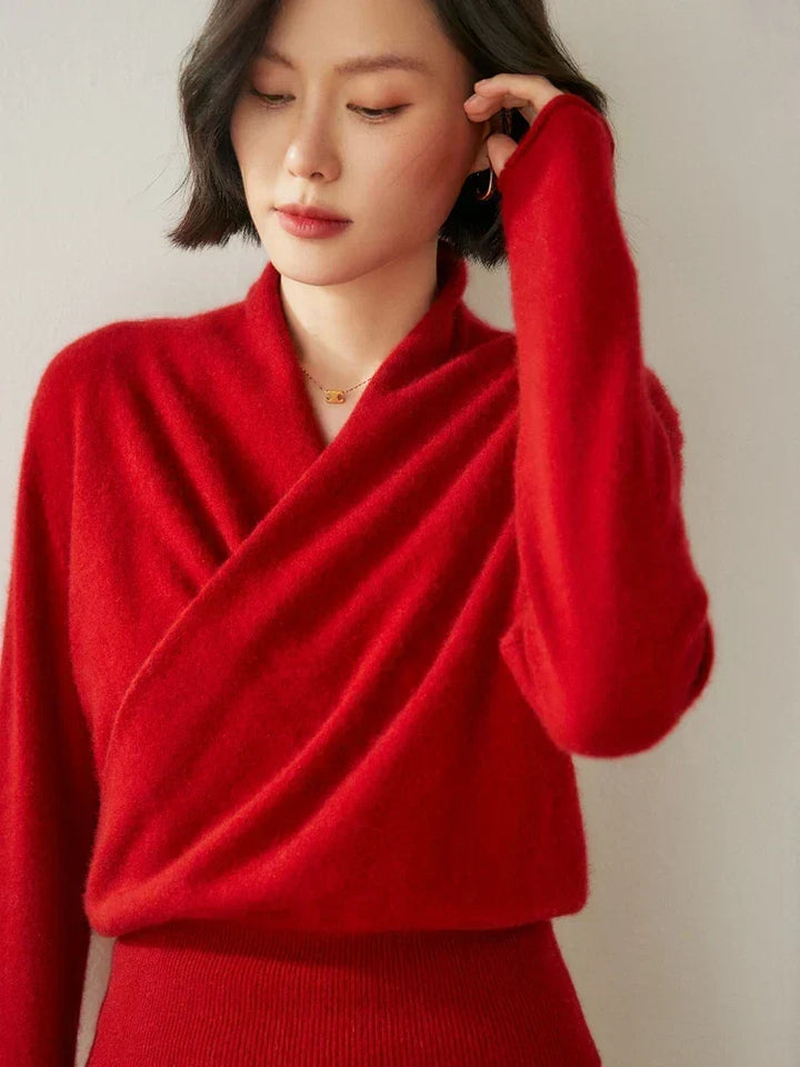 Women's Fuzzy Knit Sweater with Wrap Front and V-Neck