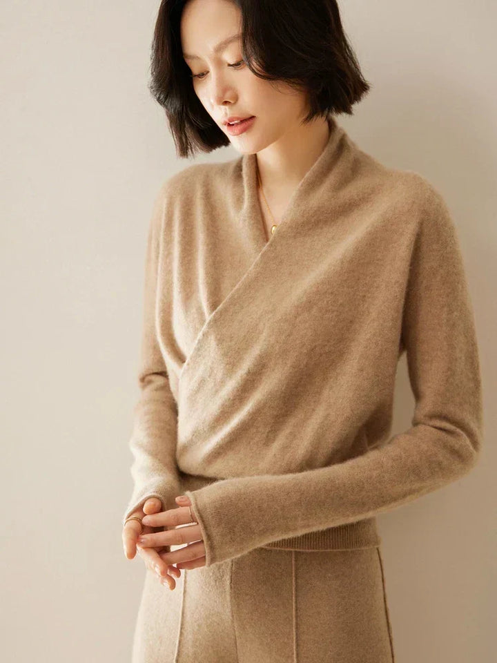 Women's Fuzzy Knit Sweater with Wrap Front and V-Neck