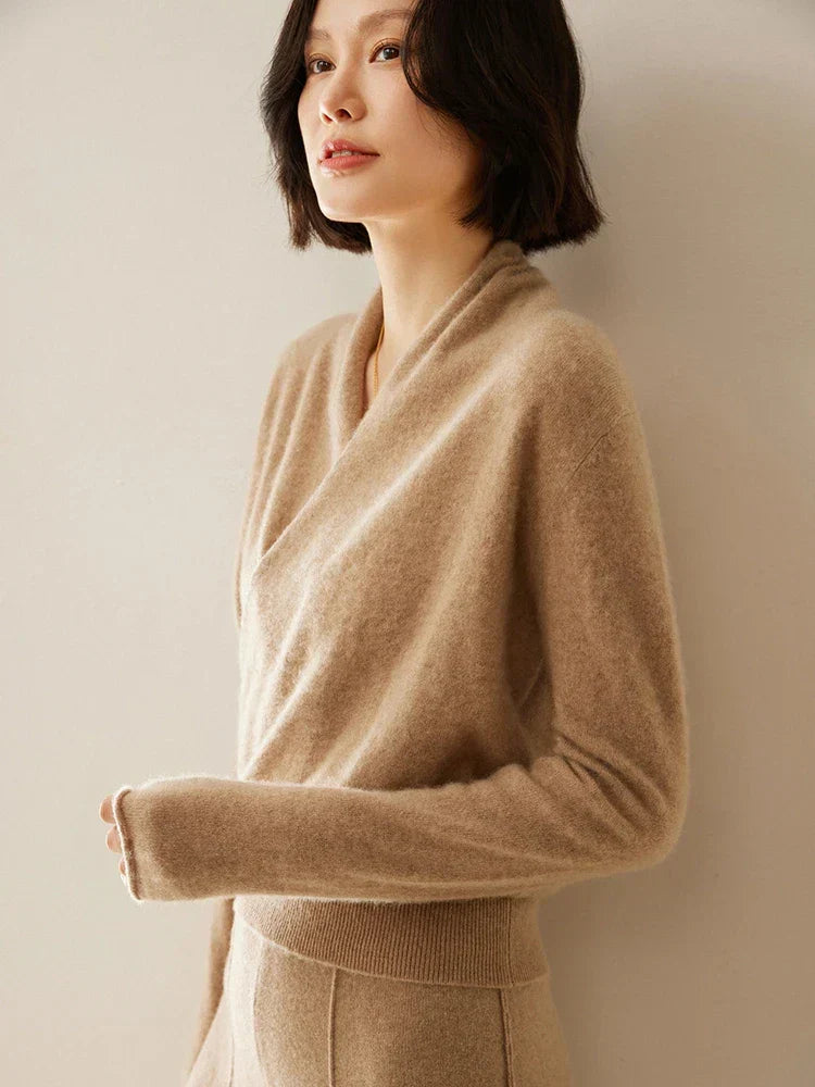 Women's Fuzzy Knit Sweater with Wrap Front and V-Neck