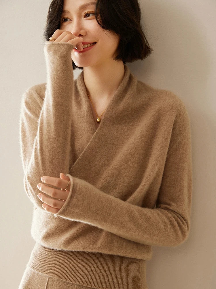 Women's Fuzzy Knit Sweater with Wrap Front and V-Neck
