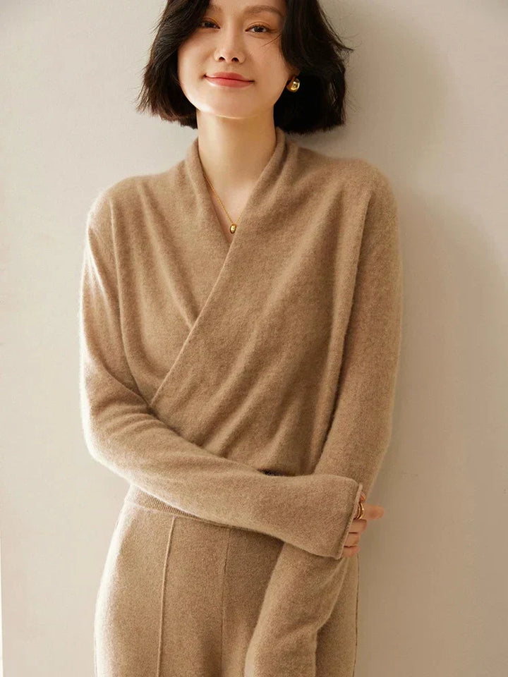 Women's Fuzzy Knit Sweater with Wrap Front and V-Neck
