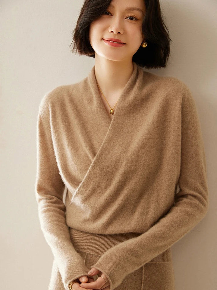 Women's Fuzzy Knit Sweater with Wrap Front and V-Neck