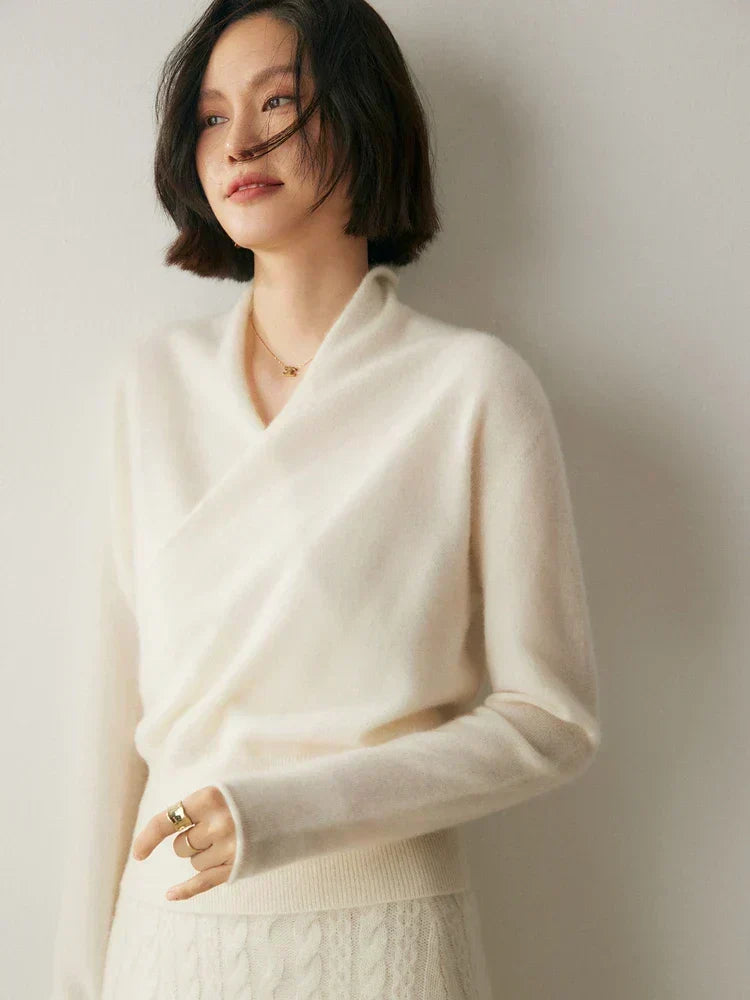 Women's Fuzzy Knit Sweater with Wrap Front and V-Neck