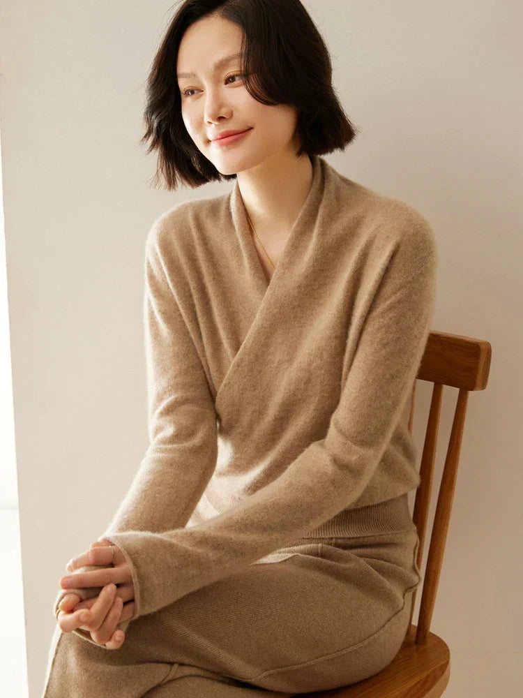 Women's Fuzzy Knit Sweater with Wrap Front and V-Neck