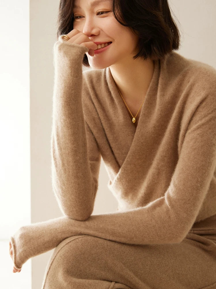 Women's Fuzzy Knit Sweater with Wrap Front and V-Neck