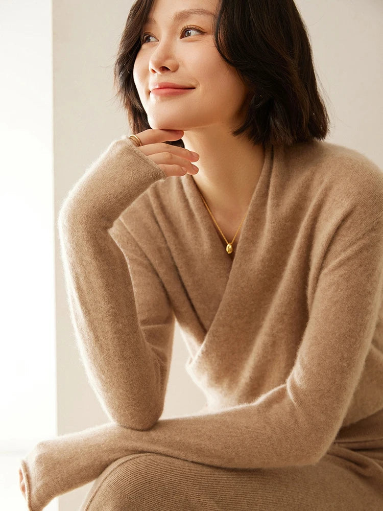 Women's Fuzzy Knit Sweater with Wrap Front and V-Neck