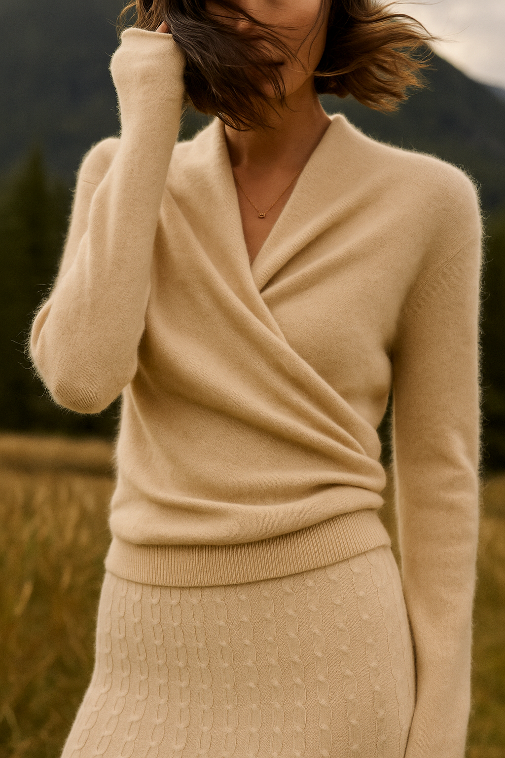 Women's Fuzzy Knit Sweater with Wrap Front and V-Neck