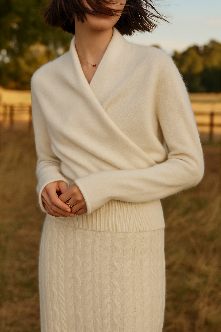 Women's Fuzzy Knit Sweater with Wrap Front and V-Neck