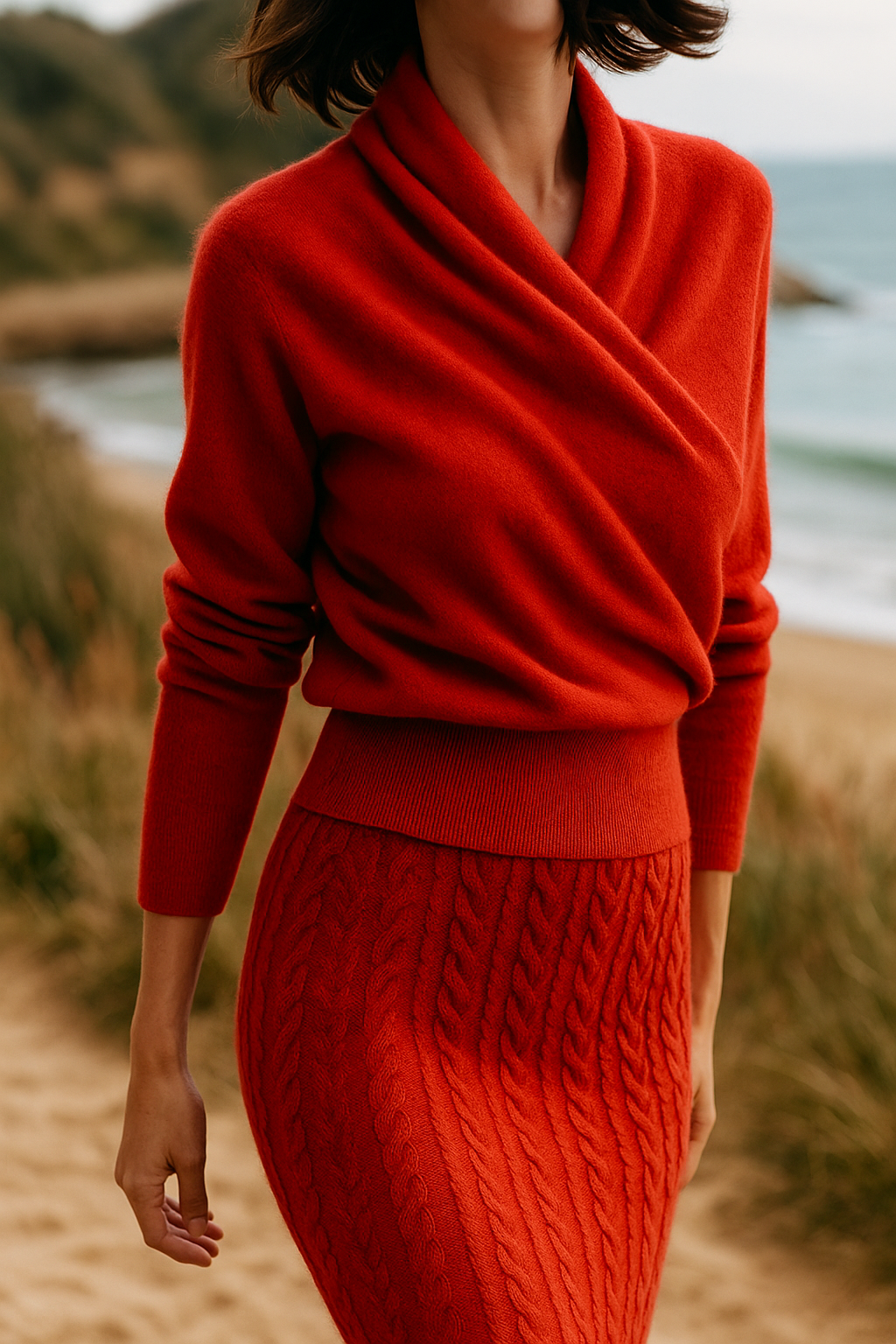 Women's Fuzzy Knit Sweater with Wrap Front and V-Neck