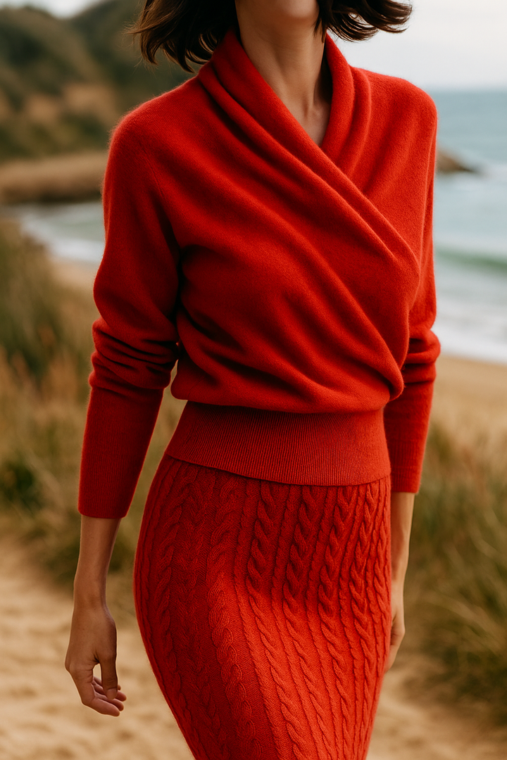 Women's Fuzzy Knit Sweater with Wrap Front and V-Neck