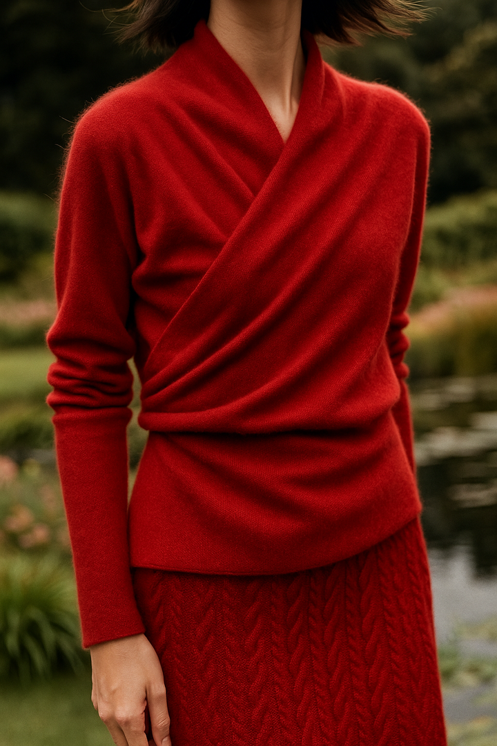 Women's Fuzzy Knit Sweater with Wrap Front and V-Neck
