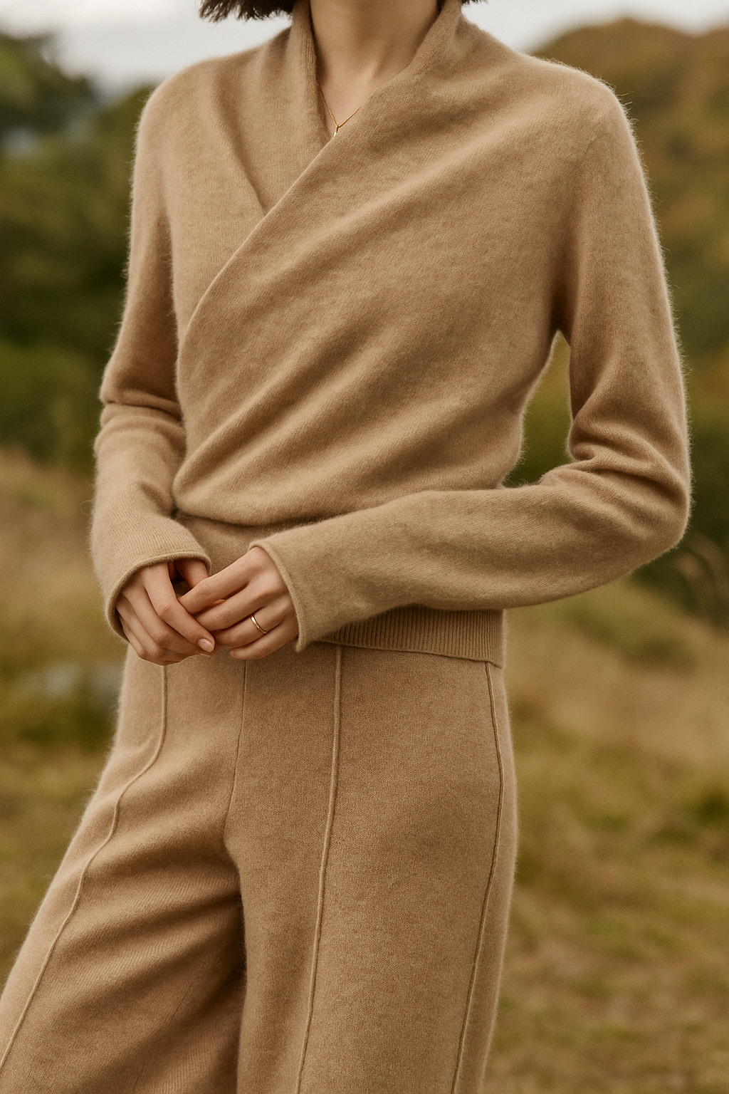 Women's Fuzzy Knit Sweater with Wrap Front and V-Neck