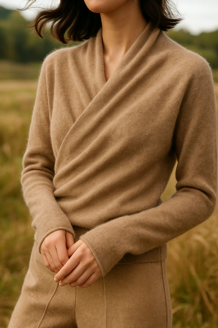 Women's Fuzzy Knit Sweater with Wrap Front and V-Neck