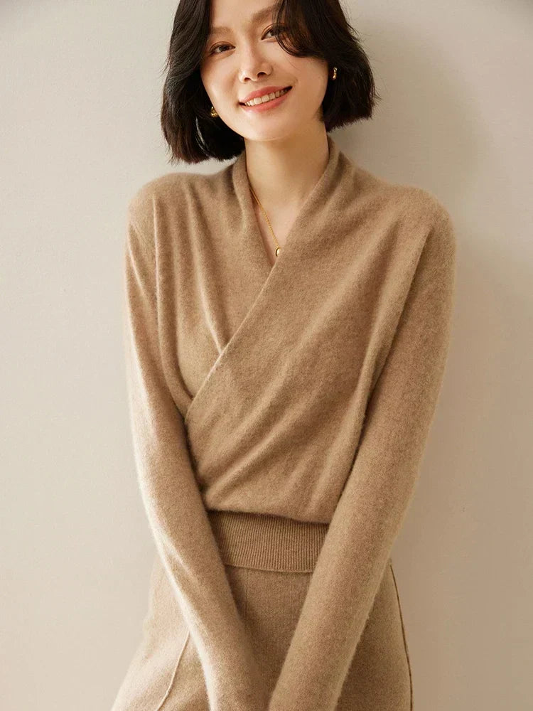 Women's Fuzzy Knit Sweater with Wrap Front and V-Neck